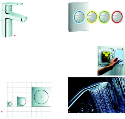 1 Ob Waschtisch, Wanne, Dusche oder Bidet – die erneuerte Grohe-­Europlus ist für jede Zapfstelle zu haben2 Drei Größen für individuelles Duschvergnügen: Die Rainshower Brausenserie F-Series3 Hilft in der Nacht: Dem WC geht mit den Nova-Light-Betätigungsplatten ein Licht auf4 Duftwasser per Knopfdruck: Die Duftsteine fürs WC verschwinden bei Fresh hinter der Betätigungsplatte5 Die Euphoria Brausenlinie beschränkt sich auf das Wesentliche
