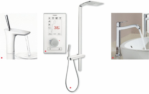 1 Weiß und Chrom: das neue Armaturen- und Brausenprogramm PuraVida von Hansgrohe mit fließenden Übergängen von Oberflächen und Formen2 Dank eines farbigen Touch-Panels soll die Duschsteuerung RainBrain digitalen Bedienkomfort für die Dusche bringen3 Raindance E 420 Showerpipe: Die Schulterpartie steht immer unter Wasser4 Klassische Geschmackswelt modern interpretiert: Metris Classic ­Armaturen- und Accessoire-Serie