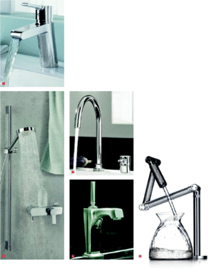 1 Günstiges Design: die neue Linie O-cean von Kludi2 Die Brausengeneration A-QA wird um eine weitere Handbrause ergänzt.3 Wasser to go im schnörkellosen Bogendesign: die mit zusätzlichen Sensorfunktionen ausgestattete Küchenarmatur E-GO4 Eine Mischung moderner und modern ­interpretierter klassischer Formen: die neue Armaturen- und Accessoire-Serie Margaux von Kohler5 Männertraum für die Küche: mit der ­Küchenarmatur Karbon macht das Spülen nun auch Männern Spaß