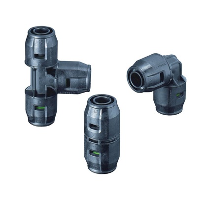 Herzstück des Stecksystems PushFit von Geberit sind die Steck-Formstücke mit Steck-Indikator, zwei Dichtringen pro Steck-Verbindung und Edelstahl Krall-Klemmring