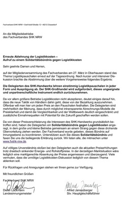 Mit diesem Rundschreiben an die Betriebe machte der Fachverband Front gegen intransparente Abrechnungs-Modelle und regte erfolgreich ein Solidaritätsbündnis gegen Logistikkosten an Mit diesem Rundschreiben an die Betriebe machte der Fachverband Front gegen intransparente Abrechnungs-Modelle und regte erfolgreich ein Solidaritätsbündnis gegen Logistikkosten an