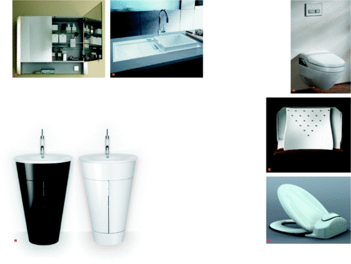 1 Spiegelschranklösung Multibox von Duravit in aktuellem Soft-Edge-Design2 Überfluss: Die Grundform der Keramikspüle Starck K von Duravit ist streng viereckig und verfügt über einen umlaufenden, hochgezogenen Rand3 Starck 1 mit neuem ­Duett: klassische ­Eleganz in schwarz-weißem Glanz4 Preisgünstigeres ­Einstiegsmodell mit ­regulierbarer Duschstrahlstärke und ­oszillierender Dusche: AquaClean 8000 von Geberit5 Prinzessin auf dem ­Kristall: der Haro WC-Sitz Diamond von ­Hamberger Sanitary ist besetzt mit funkelnden Glaskristallen von Swarovski6 Funktionale Lösung: Der WC-Sitz FreshAir soll reinste Luft in Bad und WC zaubern