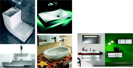 1 Wiederaufbereitungsanlage: dank „Wasser-Wiederverwertungs“-Technik kann bei der Waschbecken-WC-Kombination W+W von Roca Wasser gespart werden2 Tutti di mare mit Urbi: Die acht Becken dieser Serie sollen an Muscheln und andere Meeresbewohner erinnern. Uns erinnert die Form an New Wave von Villeroy & Boch3 Gefertigt in einem Stück: Aufsatzwaschtisch Com4 Die Aufsatz-Waschtische der Serie Art sind in einer runden und in einer ovalen Ausführung erhältlich5 Badmöbelprogramm im Baukastensystem: 2morrow von Sanipa