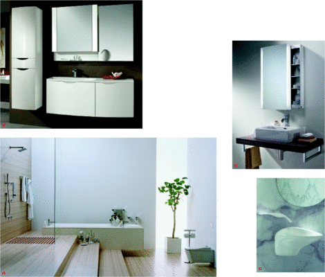 1 Komplettes Möbelprogramm von Sanipa, das mit einem ­passenden Waschtisch aus Mineralguss ausgestattet ist: Next2U2 Fernöstliches Design: der japanische Komplettanbieter Toto ist mit der Kollektion Neorest in Deutschland angekommen3 Kompakt: Spiegelschrank Slideline von Schneider4 Freedom: 2010 kommt die dritte ­Vitra-Kollektion von Ross Lovegrove auf den Markt