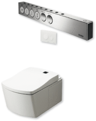 Dusch-WC Neorest: Für Hygiene ­sorgen der mit Luftblasen versetzte Wasserstrahl zur Reinigung, eine Trocknerfunktion, ­ein Spülsystem und eine nanotechnische Glasur.Gesteuert wird es schon fast von einer „Kommandobrücke“ (oben) aus