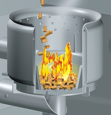 Beim Peletkessel Biowin plus hat Windhager die Brennertopfform von zylindrisch auf konisch umgestellt, um die Zuführung der Verbrennungsluft zu verbessern