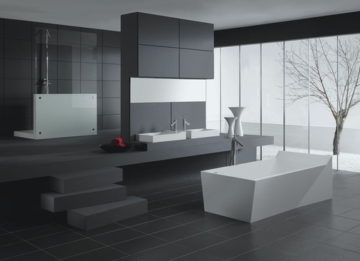Das Programm CX umfasst eine frei stehende Badewanne, eine Duscheinheit, ein Doppelwaschtisch und ein Waschtischelement