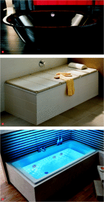 1 Schwarze Edition: die freistehenden Ellipso Duo Oval von Kaldewei2 Die beigefarbene Relaxliege lässt sich einfach als Ruhe­fläche auf einer Standard-­Badewanne aus Stahl-Email auflegen3 Blau oder weiß: LED-Technologie in Düsen des Systems Vivo Turbo integriert