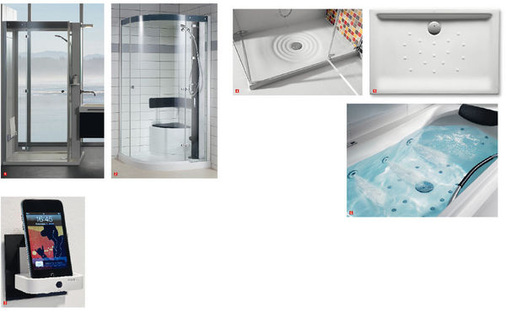 1 Das Dampfbad Seattle bietet eine All-in-one-Lösung inklusive Waschbecken und Unterbauschrank2 Das Dampfbad-Einsteigermodell im Hause Repabad ist in den drei Ausführungen Memphis, Memphis Easy (Foto) und Memphis Star lieferbar3 MP3-Dockingstation für das Badezimmer: aus Dampfbad und Badewanne dröhnt Lady Gaga4 Wellenförmig: die ­extraflache Duschwanne Vortix aus ­Keramik vom Bad­spezialisten Roca5 Kleine Erhöhungen in der keramischen Standfläche sollen die Standfestigkeit beim Duschen verbessern6 Drei Größen sind von der Rechteckwanne Becool aus Sanitär­acryl erhältlich, ­optional auch mit Whirlsystem