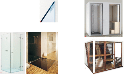 1 Echtglasdusche Spinell Plus von Sprinz mit Hebe-Senk-Pendel­beschlag2 Bodengleiche Duschwanne ­Element Plus aus Glas und mit ­individueller Farbgestaltung3 Neuer Beschlag für die direkte Wandbefestigung von Dusch­elementen4 Vielseitig: Die Sauna ix210 von Tylö5 Kaum zu glauben: die Sauna-­Kabine Impression verfügt über einen Wasserfall