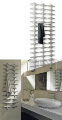 Die sternförmigen Elemente sind charakteristisch für den skulpturalen Designheizkörper Ideos, den es auch als Modell für den reinen Elektrobetrieb gibt. Als Zubehör gibt es Bügel und Haken für Handtücher