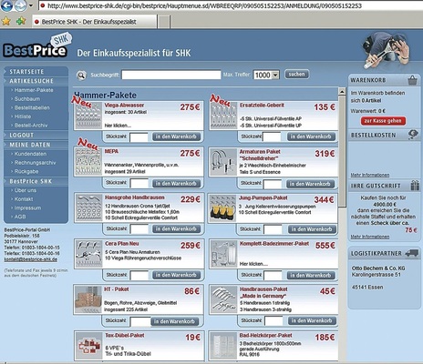 Nach der erfolgreichen Anmeldung gelangt der Fachmann gleich auf die Eingangsseite mit den aktuellen Top-Angeboten. Wie bei Lebensmitteldiscountern beschränkt sich das Sortiment auf die wesentlichen Schnelldreher