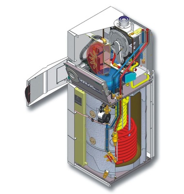 Der GVX 124 SUN Condens von Oertli vereint Gas-Brennwertkessel und Solarspeicher