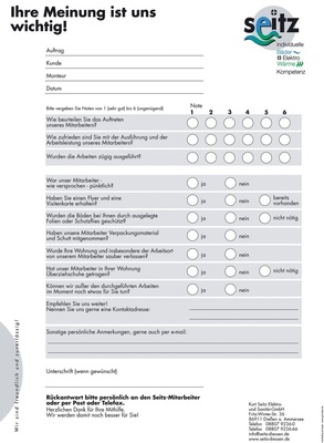 Hier steht der Kunde im Mittelpunkt: Neben dem klar formulierten Leitbild (siehe Kasten links) gibt es auch ­einen Kundenfragebogen auf der Homepage— beides zum Download (Quelle: www.seitz-diessen.de)