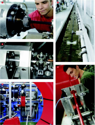 1 Prozessüberwachung am Raxofix-­Inliner. Das Raxofix-Rohr besteht aus PEXc-Inliner, Aluminiumschicht und PEXc-Außenmantel2 Der Raxofix-Inliner nach der Extrusion im Wasserbad zum Abkühlen3 Aufbringen der Aluminiumschicht auf das Inliner-Rohr beim Raxofix-Rohr4 Aufwickeln des fertigen Polybutenrohres für Fonterra auf Großtrommeln5 In der Rückwickelanlage entstehen die vorverpackten Rohrrollen zur ­Ein­lagerung in die Logistik6 Qualitätssicherung durch Dehnung des Polybutenrohres in einer Zug­prüfmaschine