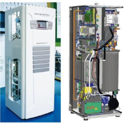 Niedertemperatur PEM-Brennstoffzellen-Heizgerät von Baxi Innotech: Außenansicht sowie Anordnung der Komponenten im Vorseriengerät Gamma 1.0