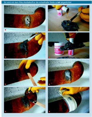 1 Reparaturstelle gründlich reinigen.2 Beide Komponenten sorgfältig vermischen.3 Um die Reparaturstelle eine Basisschicht auftragen.4 Aushärtenden Füllpfropfen in ausreichender Größe auf einem Spatel vorformen.5 Mit dem Spatel fest andrücken und einige Minuten halten.6 Spatel entfernen. Überstehendes Material mit einer Feile glätten.7 Neue Portion anmischen und eine 3–5 mm starke Schicht auftragen.8 Abschließend mit der Dichtbandage umwickeln.