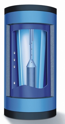 Bild 2 Durch die konische Form des Kombi­speichers Buderus Logalux PL750/2S wird das Verhältnis zwischen Nachheiz- und Gesamt­volumen optimiert