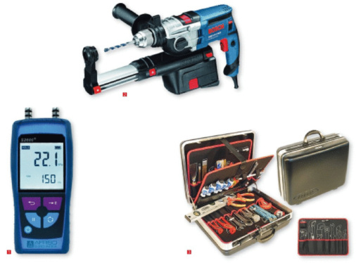 1 Das Druckmessgerät S2600 ist nach EN 50379-2 zertifiziert und daher für amtliche Messungen geeignet<br />2 Die Bosch Schlagbohrmaschine GSB 19-2 REA ist prädestiniert für Arbeiten in besonders sauberen Umgebungen<br />3 In den Werkzeugkoffern und -taschen von Alarm sind die ­wichtigsten Werkzeuge für das ­Sanitärhandwerk vorgegeben