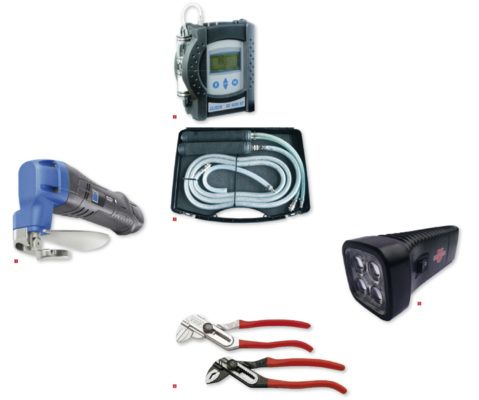 1 Mit einer Arbeitsgeschwindigkeit von bis zu 7 m/min trennt die Akku-Schere spanfrei bis zu 1,3 mm dicke Stahlbleche2 Die updatefähige Messtechnik des RC 4000 NT ermöglicht den Einsatz für alle am Markt befindlichen Brennstoffe3 Mit der Dichtprüfgarnitur können in Verbindung mit einem Aufzeichnungsgerät Abgasanlagen gecheckt werden4 Die Universalzangen Power-Grip und Fast-Grip von VBW5 Mit der Akku-Taschenlampe T600 von Würth gestaltet sich das Arbeiten auch in den dunkelsten Baustellenecken sicher und zuverlässig