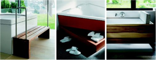 Auf eine Badewanne muss auch im altersgerechten Bad nicht verzichtet werden. Wichtig ist, dass sie sicher und bequem zugänglich ist. Hier drei Beispiele mit Einstiegshilfe: die Duravit-Modelle Blue Moon, Paiova und Sundeck.