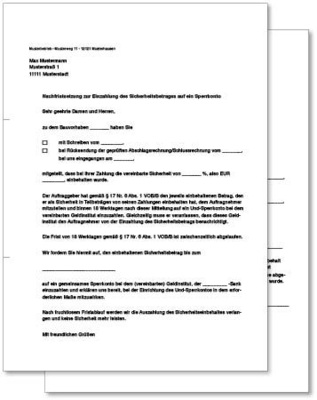 Musterschreiben für die Nachfristsetzung zur Einzahlung des Sicherheitseinbehalts.