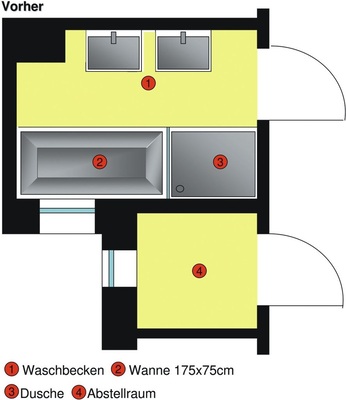 3 Vor der Sanierung gab es im Haus dieses typische Schlauchbad ohne ­Bewegungsfreiraum. - © Bilder und Zeichnungen: Nicola Stammer
