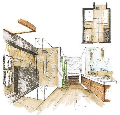 7 Jede Menge Komfort und Atmosphäre auf 11 m² — mit bodengleicher Dusche, abteilbarem WC und genügend Stauraum. Warme Naturfarben und dunkles Mosaik als Kontrast lassen keine ­Langeweile aufkommen.