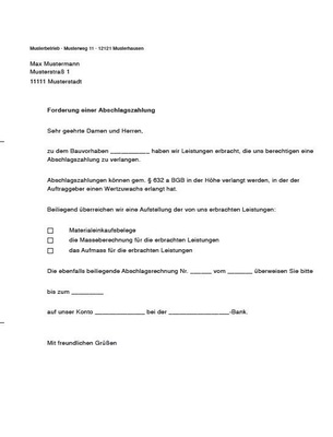 Musterschreiben für die Forderung einer Abschlagszahlung.