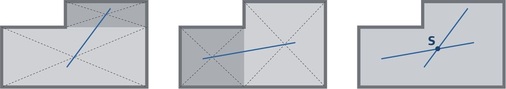 Für eine korrekte Planung der Fugen ist die Ermittlung des Schwerpunktes wichtig. Dabei zeigt die Diagonale die beiden Teilschwerpunkte an. In einem zweiten Schritt wird der Schwerpunkt der gesamten Fläche dargestellt.