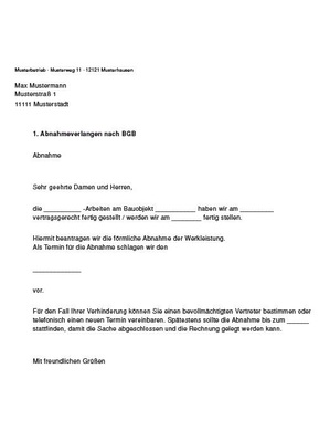 Musterschreiben für die Beantragung der förmlichen Abnahme einer Werkleistung.