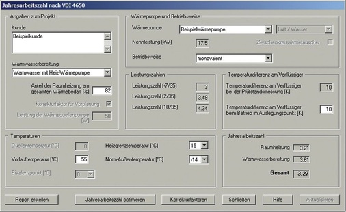 2 DI-4650-Rechner zur Bestimmung der Jahresarbeitszahl von WPsoft mit Parametrierung für Beispiel 2 (ohne Optimierung der Jahresarbeitszahl).