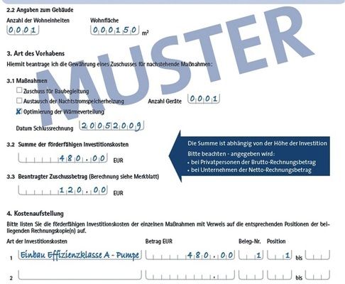 4 Der Musterantrag für die Förderung des Einbaus einer Hocheffizienzpumpe in ein Einfamilienhaus zeigt selbsterklärend auf, welche Parameter ausgefüllt werden müssen. Das mehrseitige Muster können Sie unter www.sbz-online.de/extras downloaden.