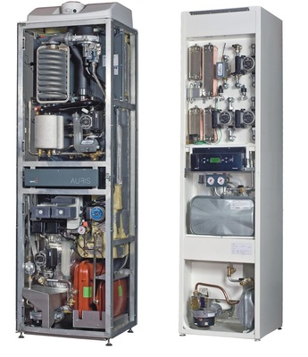 Links die erste und rechts die zweite Generation einer Gas-Wärmepumpe nach dem Diffusions-Absorptions-Prinzip von Bosch Thermotechnik. Der in der ersten Generation noch erforderliche, integrierte Brennwertheizkessel ist nun nicht mehr nötig, weil die Gas-Wärmepumpe seine Funktionen — modulierender Betrieb, Trinkwassererwärmung und Abdeckung der Spitzenheizlast — übernimmt. Das spart Kosten, Energie und Platz.