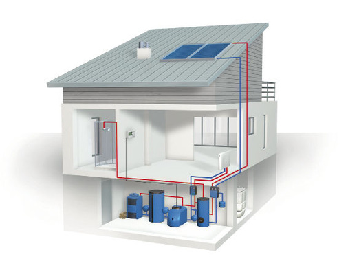 5 Multivalente Heizungsanlage mit Öl-Brennwertkessel, Holzvergas­erkessel und Solaranlage.