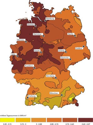 Einstrahlungskarte für Deutschland. Eine detaillierte Darstellung gibt es bei den SBZ-Extras zum Herunterladen.