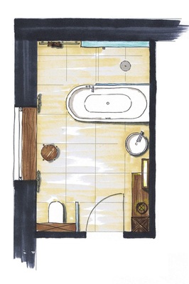 3 Durch Querstellen der Wanne wirkt schon der Grundriss interessant. Nur eine Glaswand an der Wannenrückseite trennt den großzügigen Duschbereich ab. Gleichzeitig wird eine optimale Gliederung in Nass- und Aktivzone erreicht.