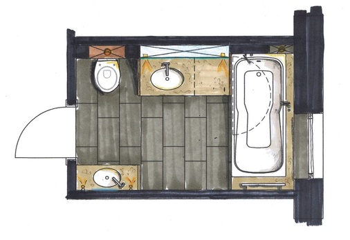 2 Das im Eingangsbereich angeordnete WC mit gegenüberliegen­dem Handwaschbecken fungiert hier auch als Gäste-WC. Im Anschluss öffnet sich der Privatbereich mit eigenem Waschplatz und der Dusch-Badewanne. Für mehr Komfort (größeres Budget) kann hier auch eine Dusch-Wanne mit Einstieg gewählt werden.