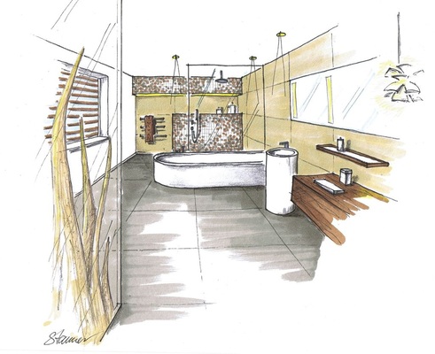 Schon beim Eintreten spürt man eine besondere Atmo­s­phäre. Die Glaswand mit echtem Schilfgras verbirgt das WC, lässt aber den Blick in den Raum frei. Mit der Stirnwand in dunklem Buntmosaik und dem Mobiliar aus Holz entsteht ein harmonischer Dreiklang.