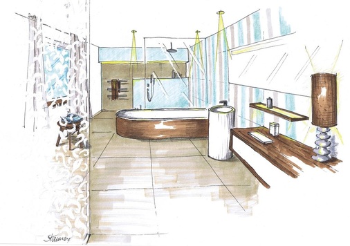 Durch das Streifendesign der Fliese und die Farbe Graublau erhält der Raum eine frisch-fröhliche Ausstrahlung. Gepaart mit viel Holz und wohnlichen Leuchten wird er zum zweiten Wohnzimmer.