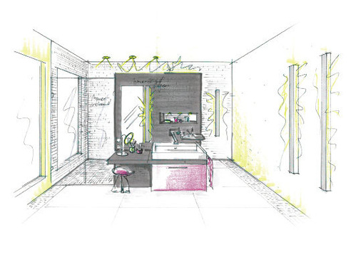 2 Eine beleuchtete Nische dient als praktische Ablage für die alltäglichen Dinge, im ausgeführten Bad wurde jedoch die Variante über der Arbeitsfläche gewählt.