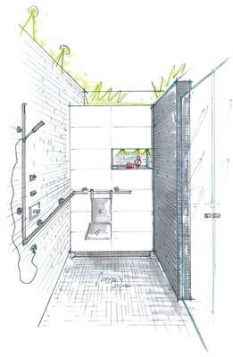 9 Keuco Plan Care Relings- und Haltestangen-System mit Zusatzfunktionen. Das senkrechte Halte­element wird zur Brausestange, das waagerechte dient auch als Halterung für einen Einhängesitz.