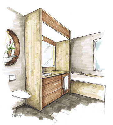 9 Klassisch präsentiert sich diese Variante:

Der Waschtisch ist als Kubus mit viel

Stauraum und Ablage konzipiert.