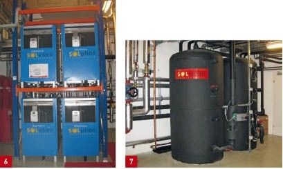 6. Adsorptionskälteanlage als Kaskade mit vier zusammengeschalteten Einzelgeräten. Die Kälteleistung beträgt 4 x 7,5 kW.7. Kältespeicher der Adsorptionsanlage in den Technikräumen des Gebäudes