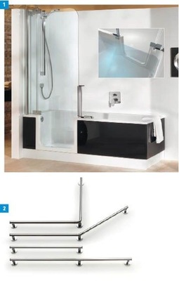 1 Für den Tausch ­konzipiert: Alte Badewanne raus – Twinline 2 von Artweger rein.2 Das neue Griffsys­tem Serie 400 der Marke proMed von Coram.