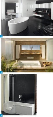 1 Freistehende Wannen aus einem Stück in Stahl: Wannenserie Silhouette von Bette.2 Zweisamkeit in der Badewanne Spa.3 Nun gibt es eine kombinierte Bade- und Duschwanne mit Einstieg auch aus Stahl/ Email: Twist von Bette.