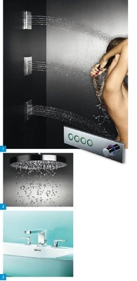 1 Mit Ambiance Tuning Technique von Dornbracht lassen sich verschiedene Strahlarten zu vorprogrammierten Choreografien aus Wassertemperatur und -menge zu drei unterschiedlichen Szenarien kombinieren.2 Performing Shower: Das ­Wasser fällt wie in der Natur allein durch die Schwerkraft, also drucklos, nach unten.3 Programmerweiterung: Die neue Lulu-Waschtisch-Dreilochbatterie von Dornbracht mit Einzelrosette.