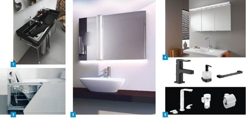 1 Neue Sanitärfarbe: Waschtisch, WC und Bidet der Kollektion Vero nun auch in Schwarz.2 Um die Wannen Sundeck auch mit Whirlsystem einbauen zu können, hat Duravit eigens ein Schienensystem ent­wickelt.3 Integrativ: Neue Lichtspiegelfamilie in acht ­unterschiedlichen ­Varianten von Emco.4 Name ist Programm: das besonders flach ­gehaltene Lichtspiegelprogramm Flat ist in vier Ausführungen ­erhältlich.5 Marken-Kooperation: Die Accessoire-Serien Loft und Mundo von Emco sollen optimal zu den Sanitärarmaturen Veris und Quadra von Grohe passen.
