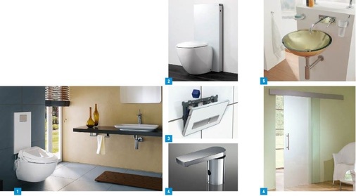 1 Nachrüstung ohne hohe Instand­setzungskosten: Geberit AquaClean ­Designplatte für Dusch-WCs.2 Alternative zu Aufputzspülkästen: das Sanitärmodul Monolith.3 Geberit hat in Zusammenarbeit mit ­Henkel einen ­Einwurfschacht für WC-Reinigungswürfel entwickelt.4 Die berührungslosen Waschtisch­armaturen ­HyTronic185/186.5 Metallveredelte Glaswaschtische von ­Glamü verleihen dem Badezimmer den Touch des Besonderen.6 Erleichtern neue Raumkonzepte für das Bad: Separation durch Glas-Schiebe­türen von Glamü.