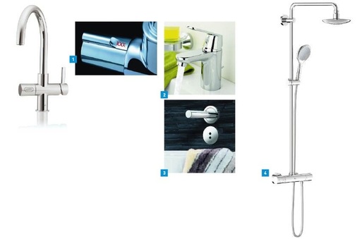 1 Kalte und heiße Fusion: Die Armaturensysteme Grohe Blue und Grohe Red räumen die Küche auf.<br />2 Neue Variante: Eurosmart Cosmopolitan von Grohe.<br />3 Die Armatur Essence E wird berührungslos ­gesteuert.<br />4 Geht es auch eine Nummer kleiner? Next ­Generation Rainshower Solo jetzt auch mit Duschstystem und Kopfbrause.